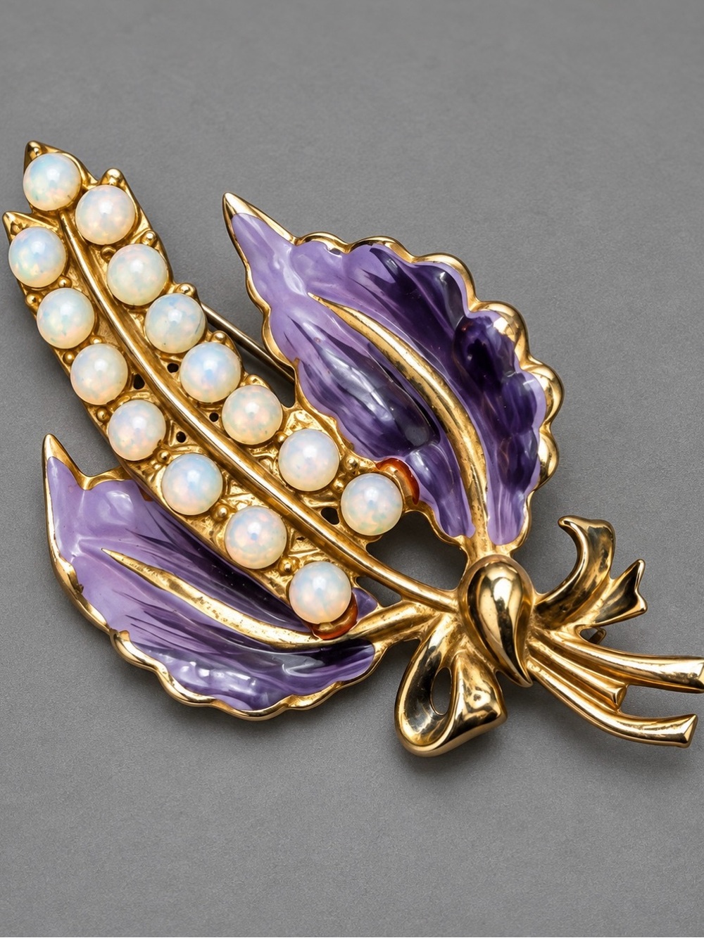 Vintage Cold Enamel  Purple and Opal Cabochon Brooch #cz382